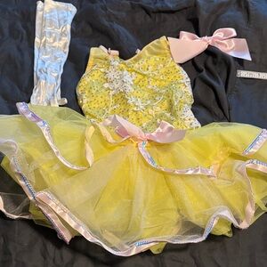 Dance Costumes Lemon Yellow with gloves and pink hair bow